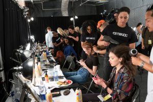 New York, USA - September 10, 2015: Models prepare backstage for the Desigual fashion show during the Spring Summer 2016 New York Fashion Week at The Arc - Skylight Moynihan Station